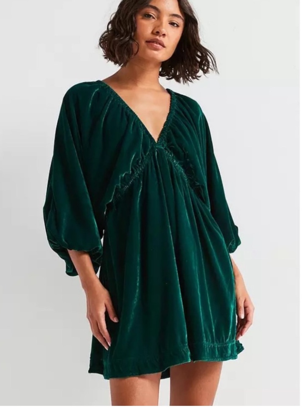 Free People Portia Velvet Mini Dress Emerald Green Balloon Sleeve Large
